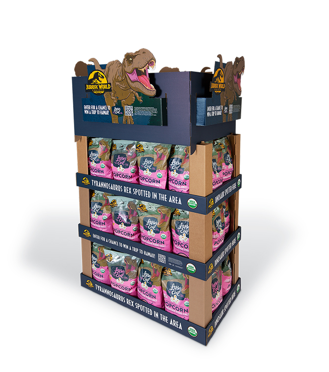 Jurassic World themed point of purchase display featuring Lesser Evil popcorn.